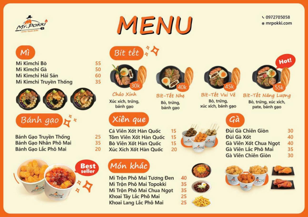 Menu đồ ăn Hàn Quốc Mr. Pokki | Xe Đẩy & Cửa Hàng Nhượng Quyền